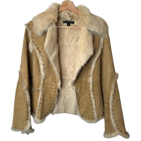 Vintage Sheri Bodell Tan Rabbit Fur Studded Jacket Women's Size M - Picture 1 of 9